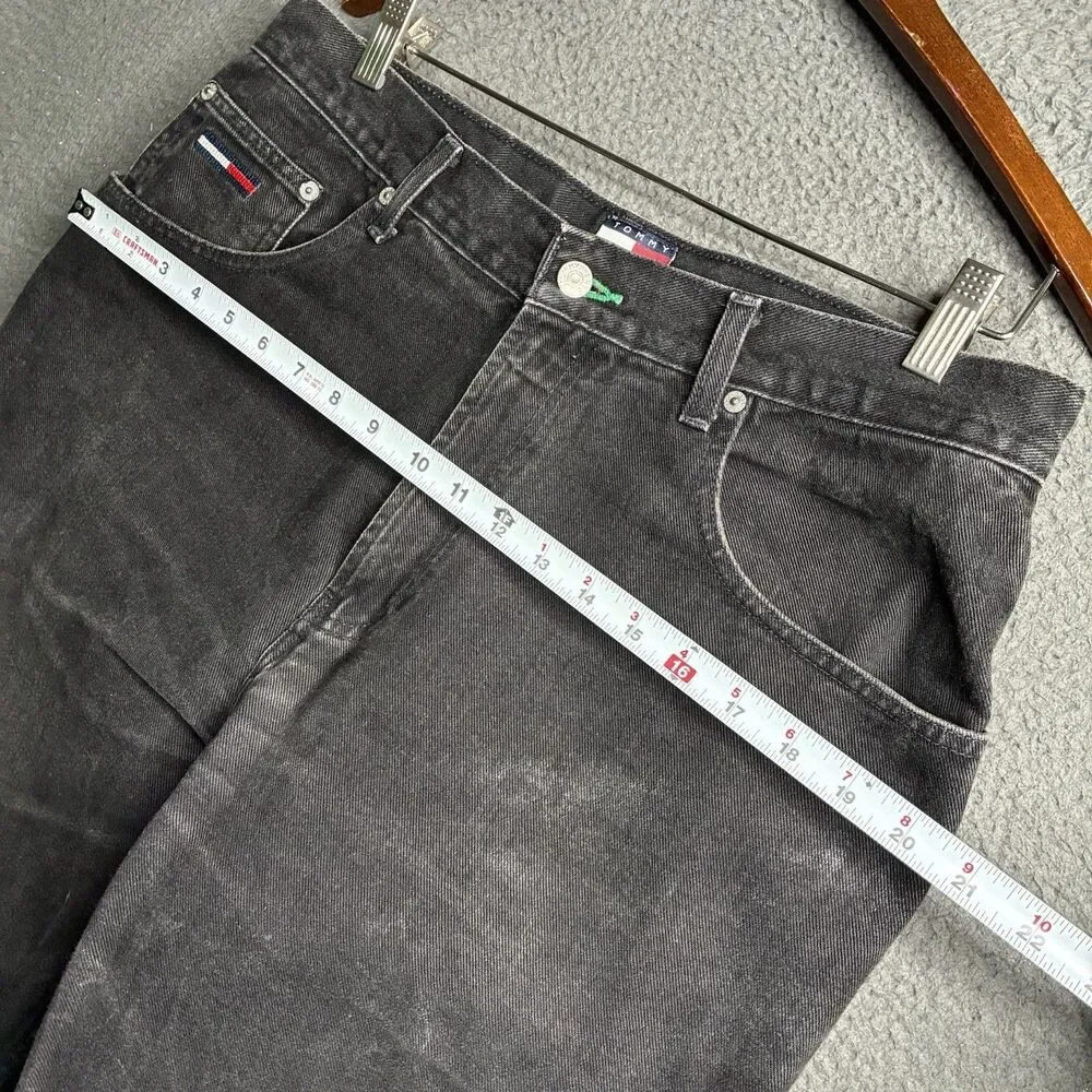 Vtg 90s Tommy Hilfiger Mens 34x29 Baggy Denim Jeans Black Whiskered Flag